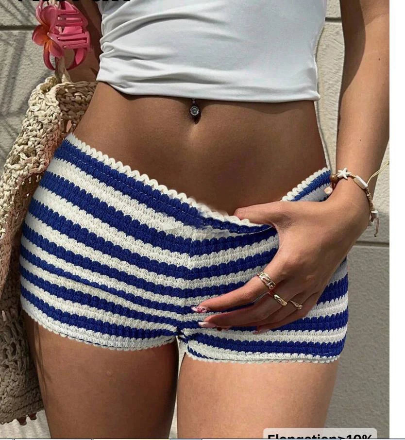 Shorts Elastic Waist Striped Shorts Crochet