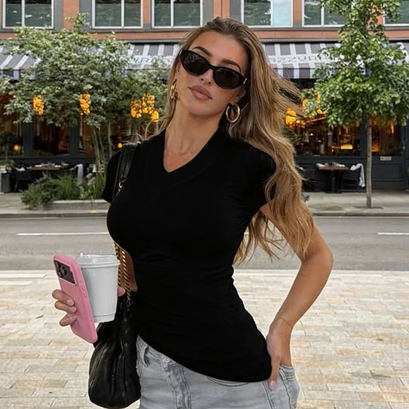 T-shirts White Casual V-neck Slim Tops