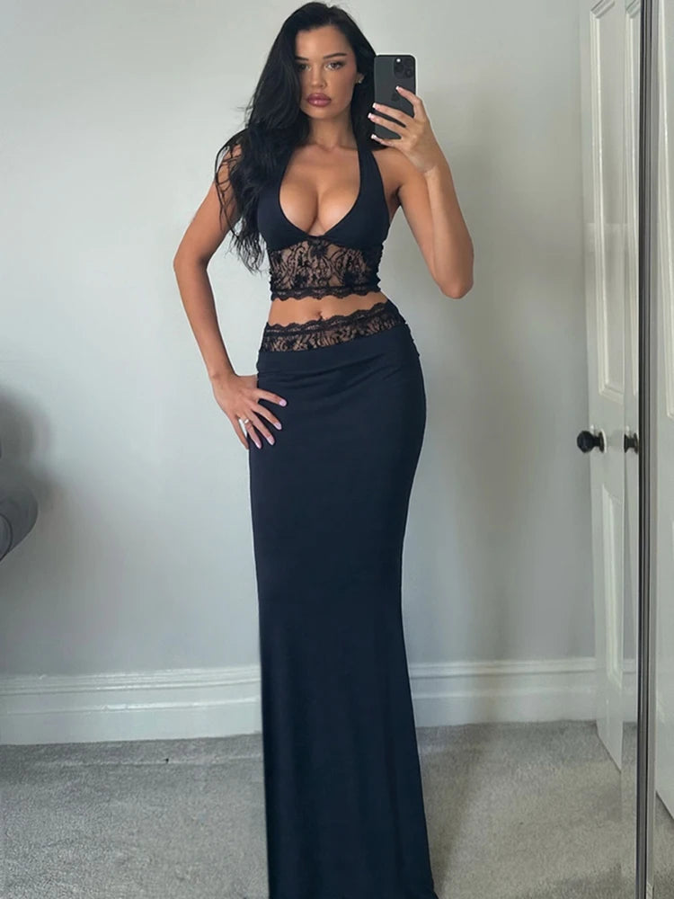 2 Piece Set Halter Mesh Patchwork Backless Tops+Waistband Long