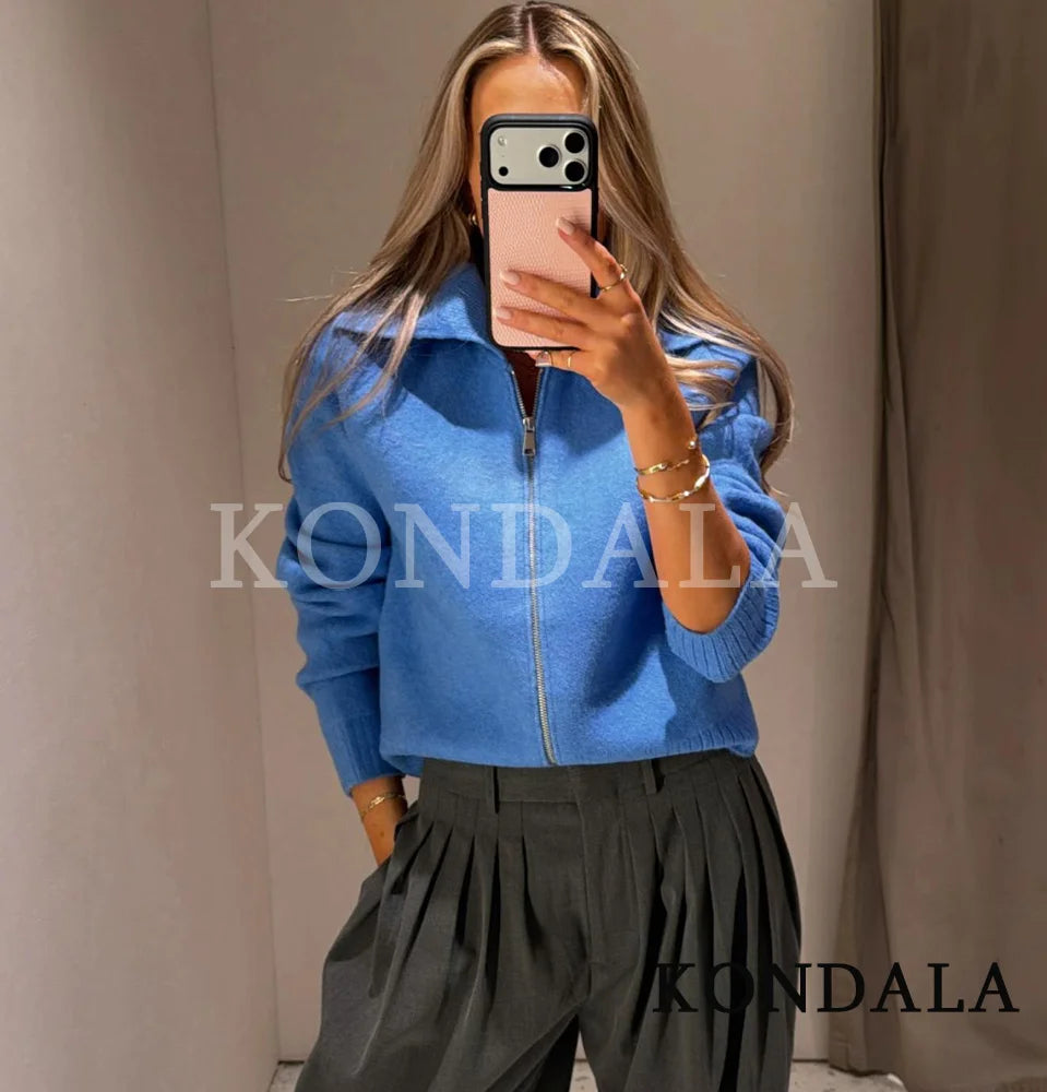KONDALA Trendy Blue Zip-up Knitted Jacket