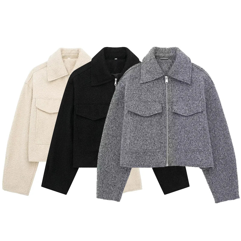 Fashion With Pockets Grey Front Zipper Jackets