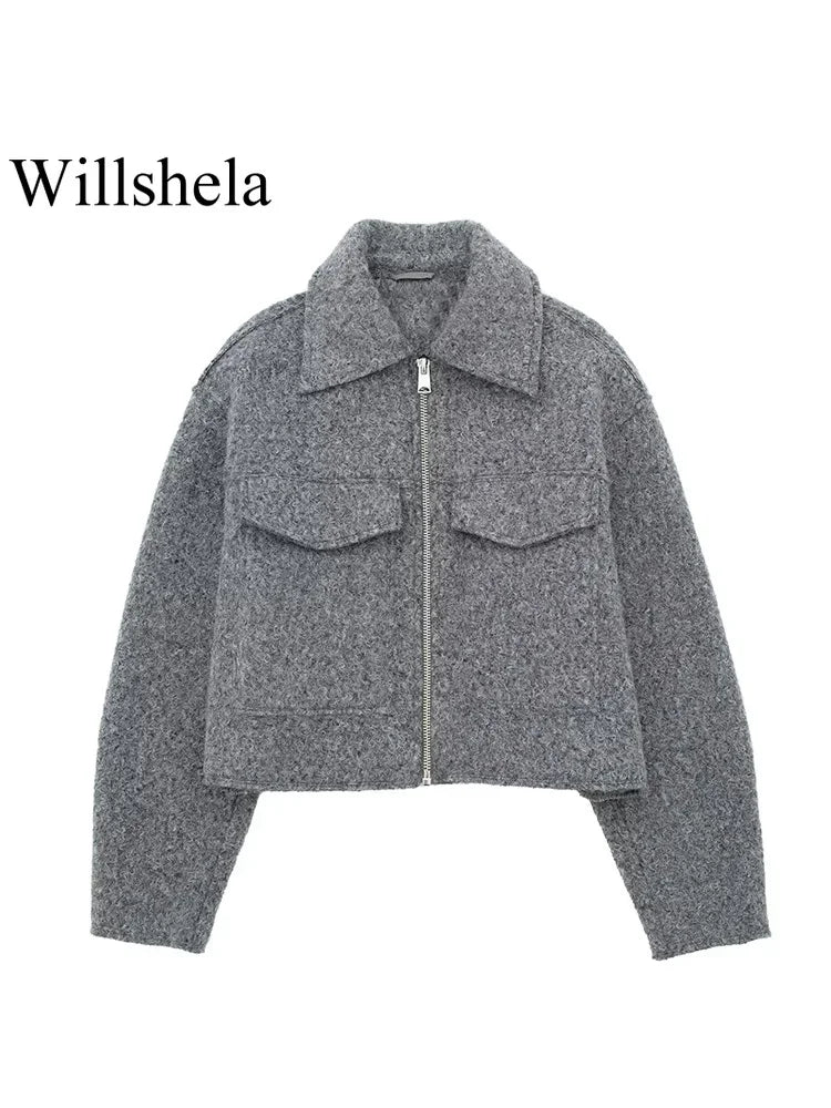 Fashion With Pockets Grey Front Zipper Jackets