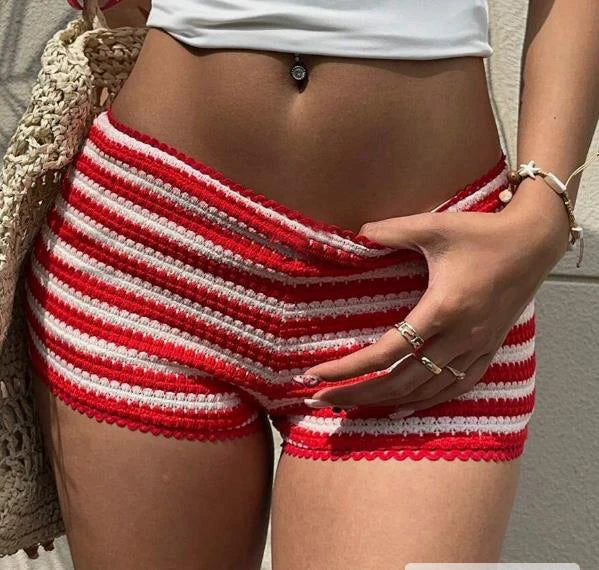 Shorts Elastic Waist Striped Shorts Crochet